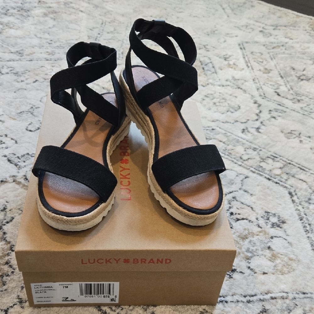 Lucky Brand Thimba Black Espadrille Wedge Sandals with Crisscross Straps - Picture 3 of 6
